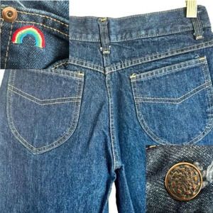 vintage ROEBUCK & CO Jeans Talon 42 Zipper Rainbow Embroidery on Pocket Size XS